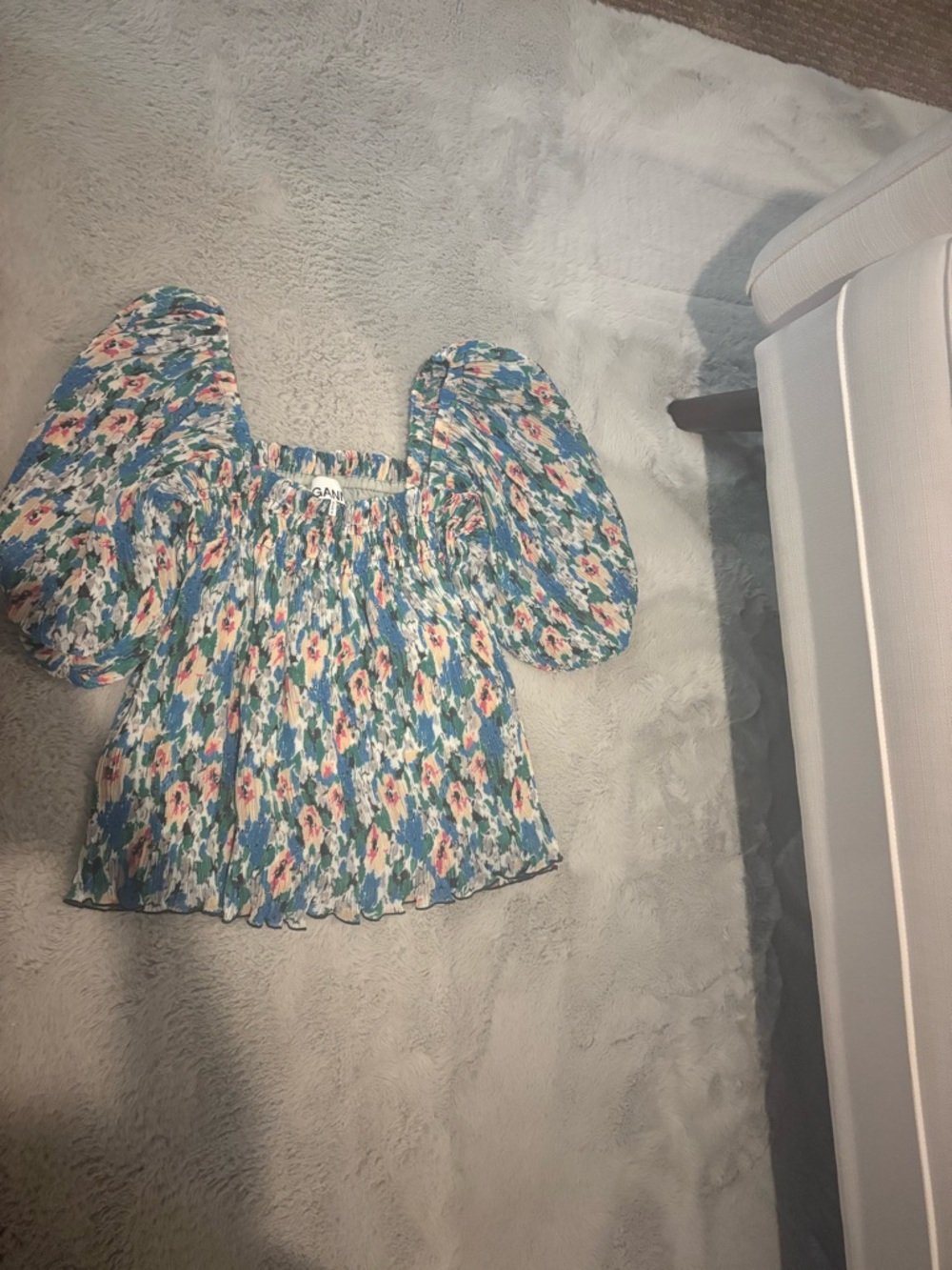 Smocked Square-Neck Floral Blouse - Blue/Pink GANNI